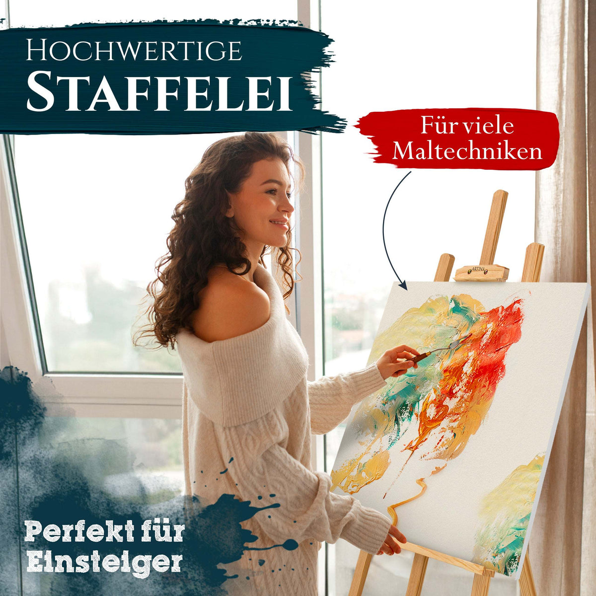 Artina Holzstaffelei Tessin aus FSC®-zertifiziertem Kiefernholz, höhenverstellbare Feldstaffelei 150/175 cm für Leinwände, stabile Dreibein-Konstruktion, vielseitig einsetzbar für Künstler und Präsentationen