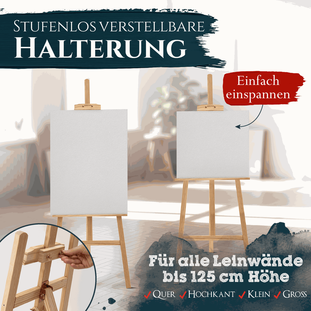 Artina Holzstaffelei Tessin aus FSC-zertifiziertem Kiefernholz, höhenverstellbare Feldstaffelei für Leinwände, stabile Dreibein-Konstruktion, vielseitig einsetzbar