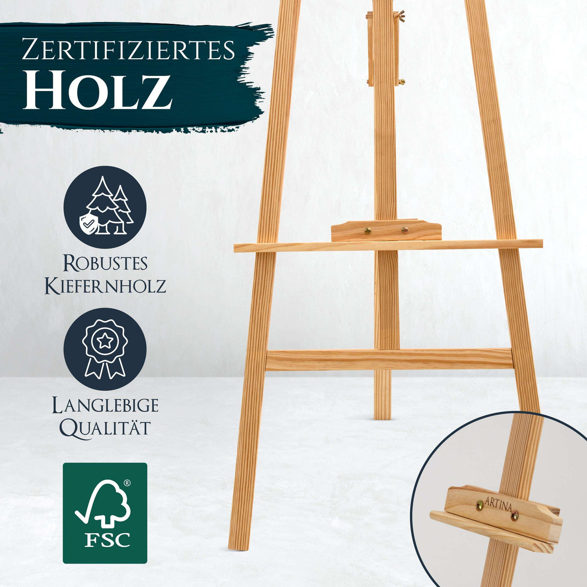 Artina Holzstaffelei Tessin aus FSC-zertifiziertem Kiefernholz, höhenverstellbar, stabile Dreibein-Konstruktion, ideal für Künstler und Präsentationen