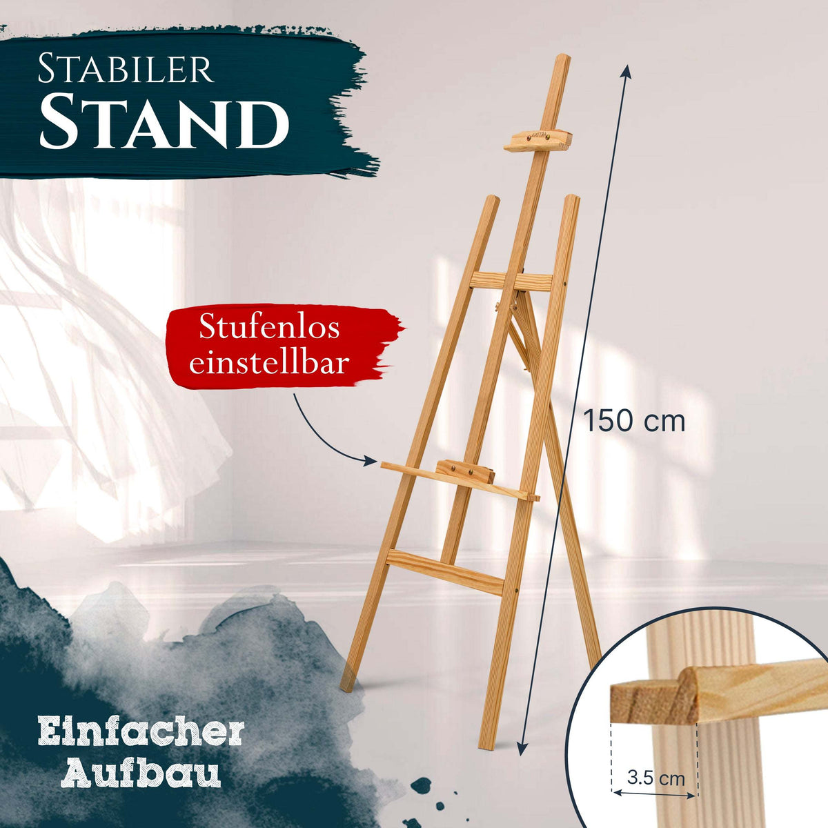 Artina Holzstaffelei Tessin aus FSC-zertifiziertem Kiefernholz, höhenverstellbar und stabil für Künstler und Präsentationen