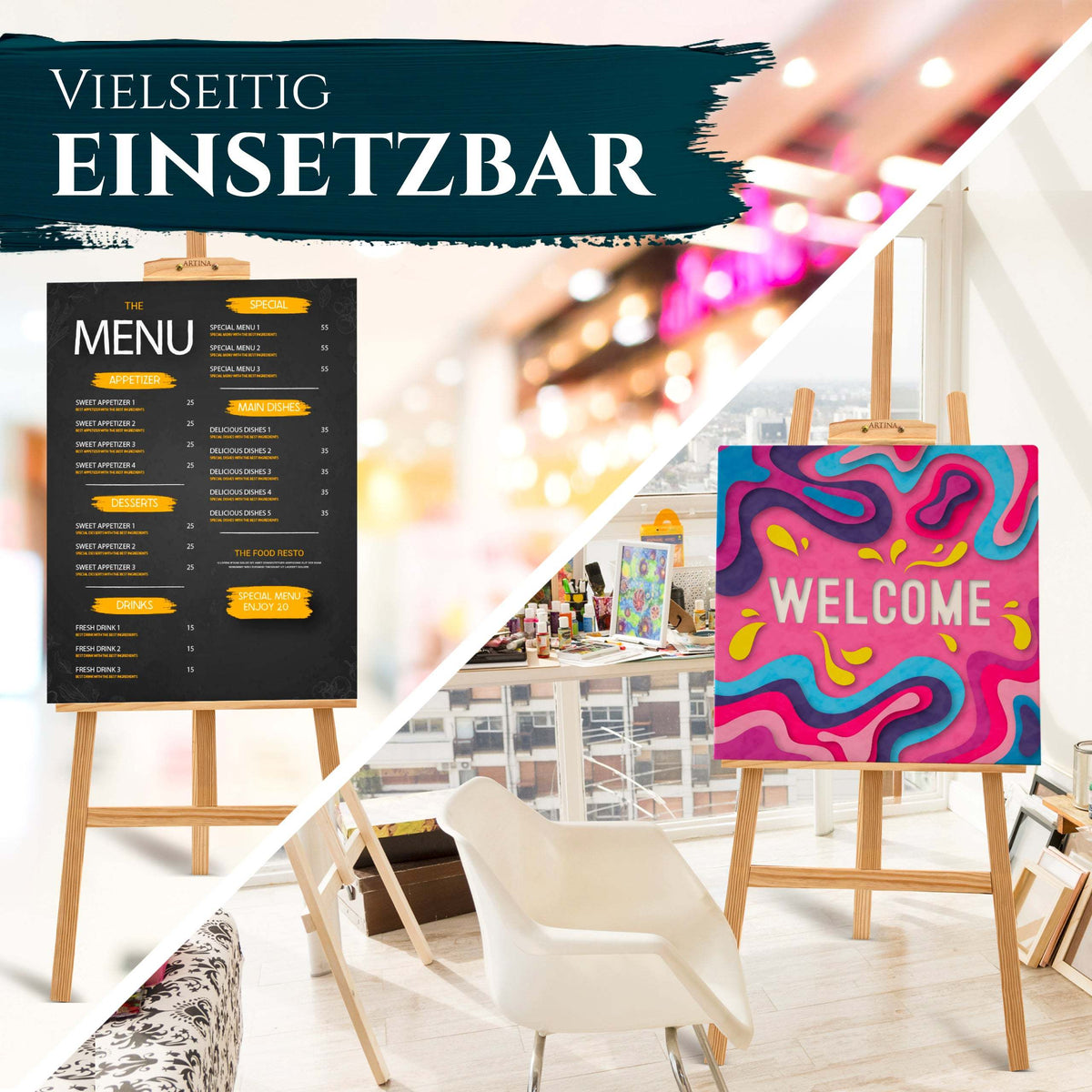 Artina Holzstaffelei Tessin aus FSC®-zertifiziertem Kiefernholz, höhenverstellbare Tischstaffelei für Leinwände bis 125 cm