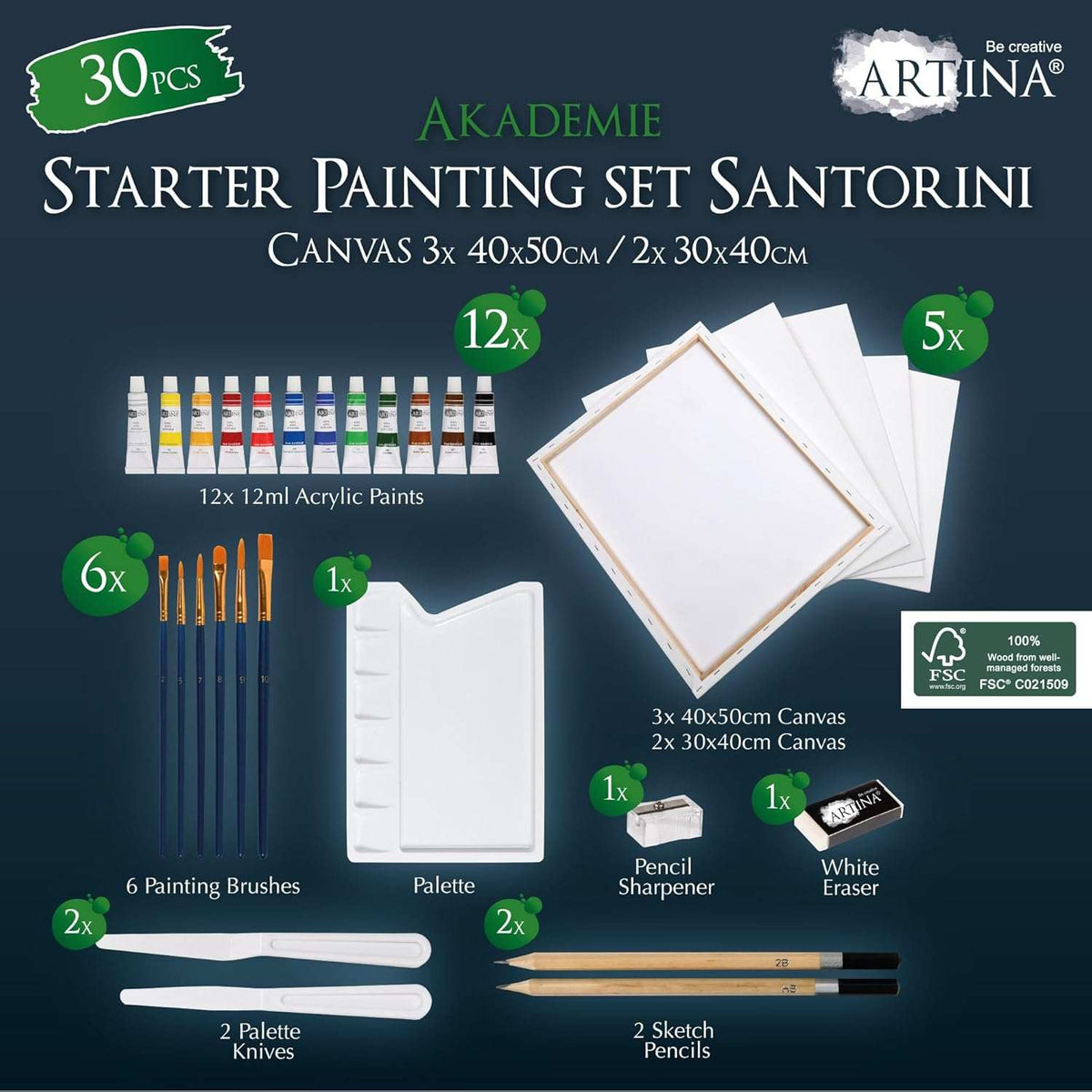 Artina 31tlg. Künstler Acrylfarben Malset Santorini mit Buchenholzstaffelei, 12 Acrylfarben, 5 Keilrahmen, Pinsel und Zubehör, klappbare Staffelei für Leinwände bis 120 cm