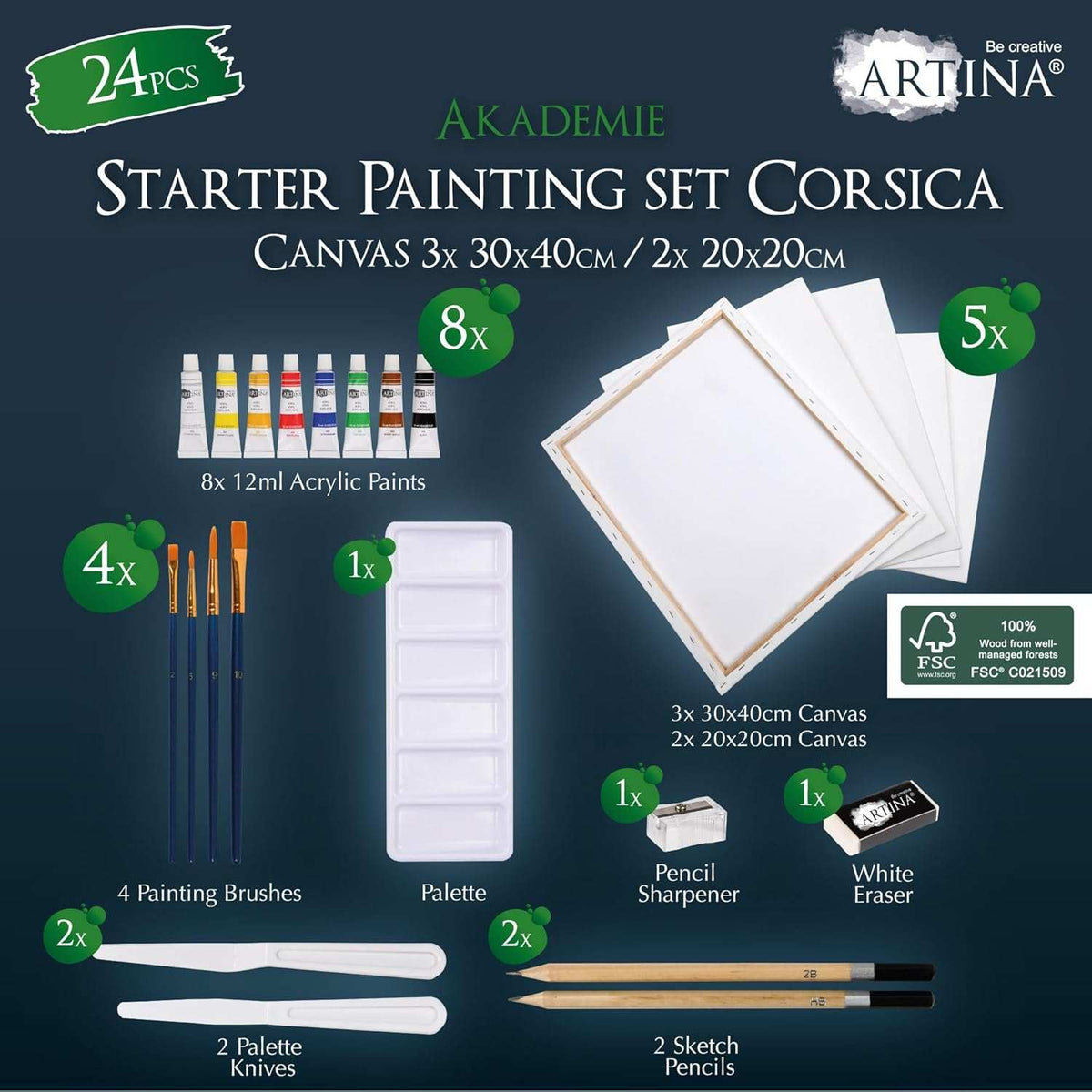 Artina 25tlg. Künstler Acrylfarben Malset mit 8 Acrylfarben, 5 Keilrahmen, Pinseln, Staffelei und Zubehör