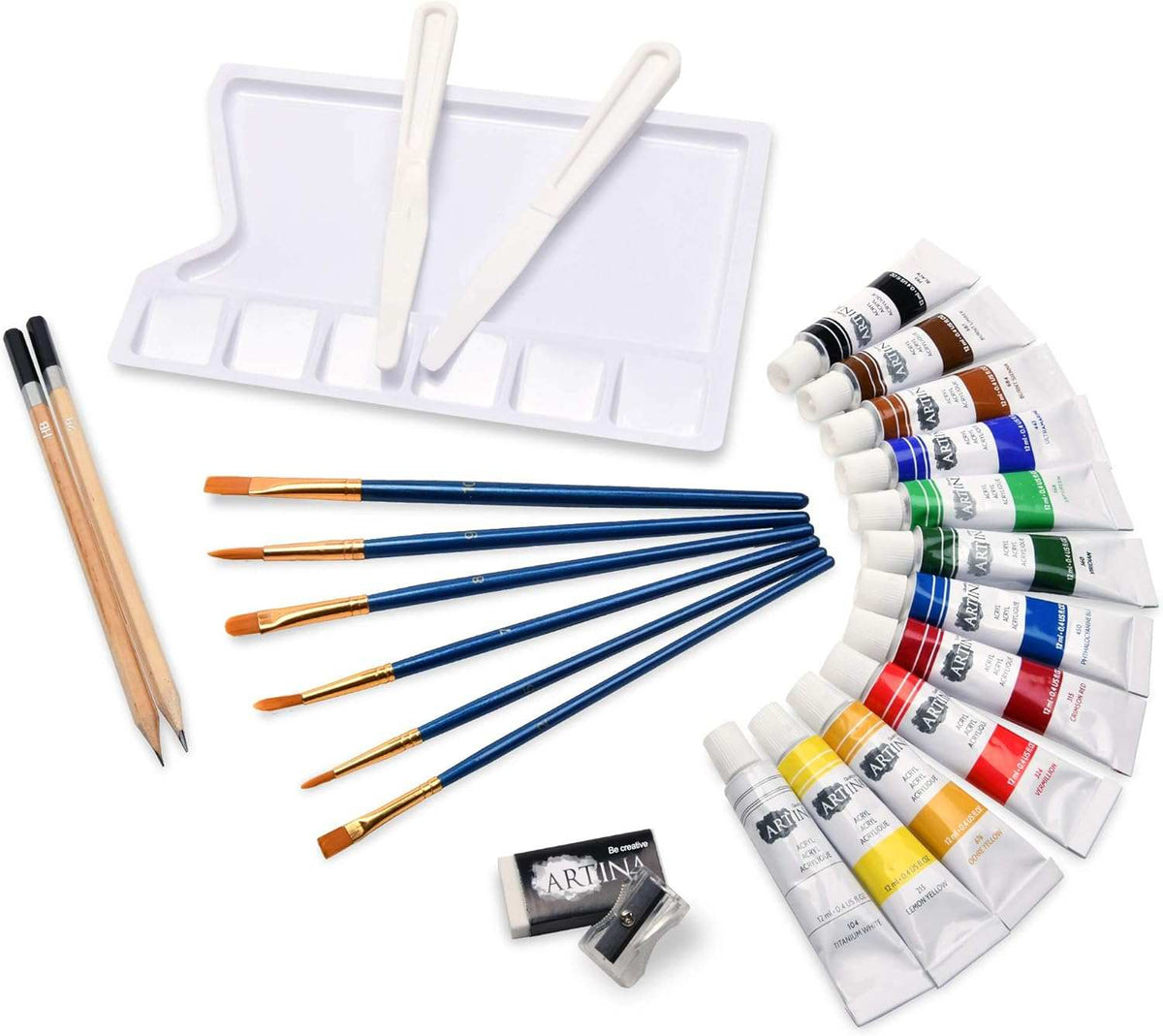 Artina 31tlg. Künstler Acrylfarben Set mit Pinseln, Farbtuben, Palette, Zeichenstiften und Spachteln für Einsteiger und Hobbykünstler