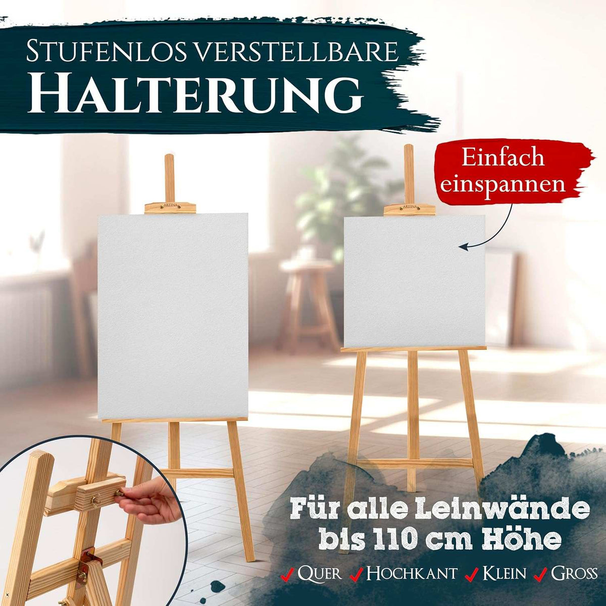 Artina 25tlg. Künstler Acrylfarben Malset mit FSC Holz Staffelei höhenverstellbar bis 150 cm für Leinwände bis 110 cm