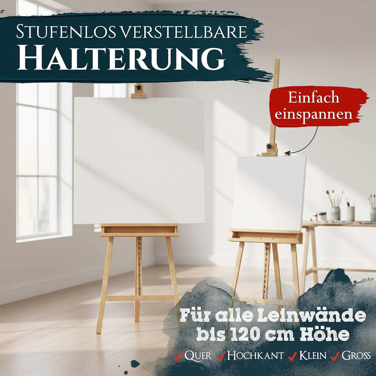 Artina 31tlg. Künstler Acrylfarben Malset mit verstellbarer Buchenholzstaffelei für Leinwände bis 120 cm, inkl. Farben, Keilrahmen und Pinseln
