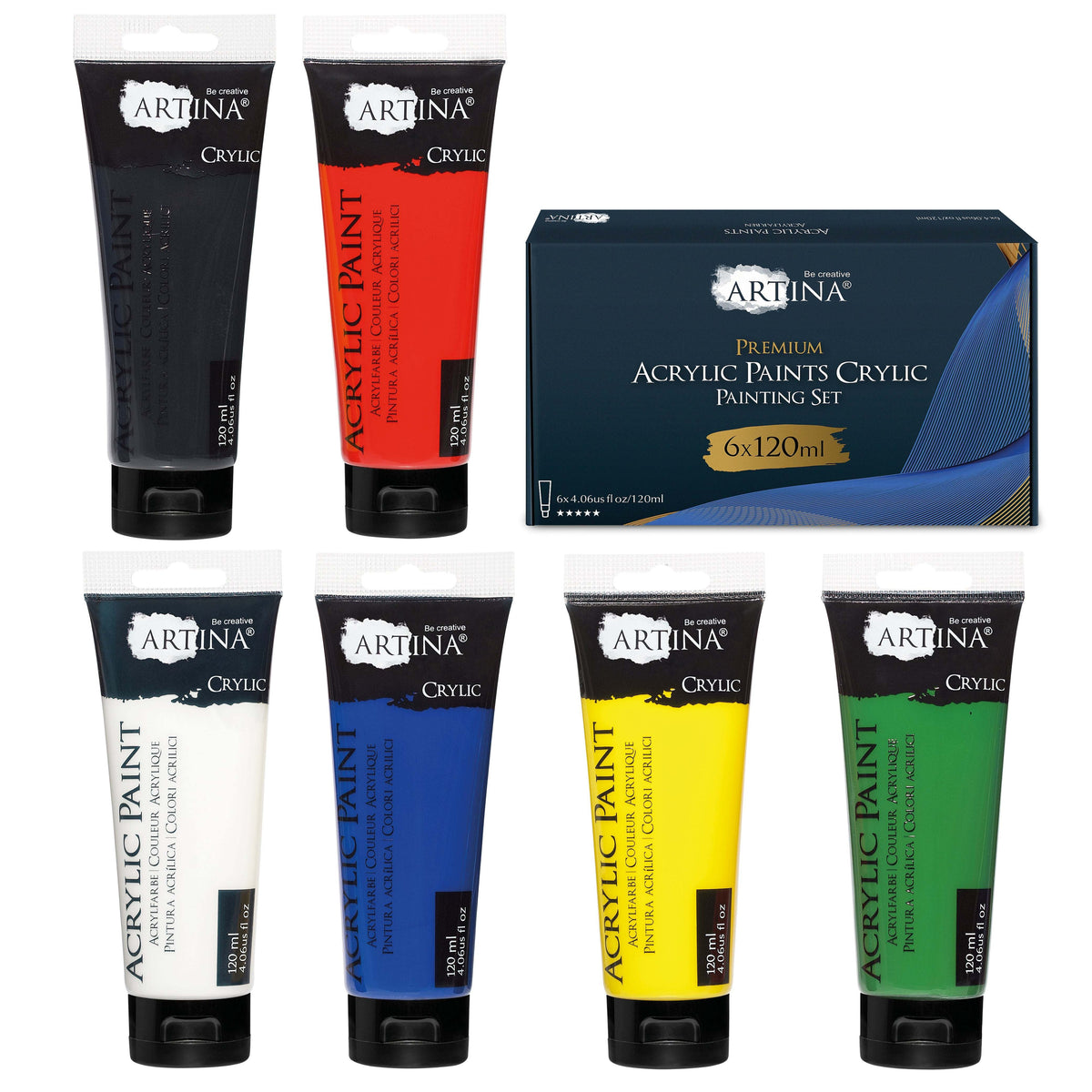 Artina Crylic Acrylfarbe Starter-Set 6x120ml mit schnell trocknenden, pigmentreichen Acrylfarben in Titanweiß, Kadmiumgelb, Saftgrün, Scharlachrot, Ultramarinblau und Schwarz