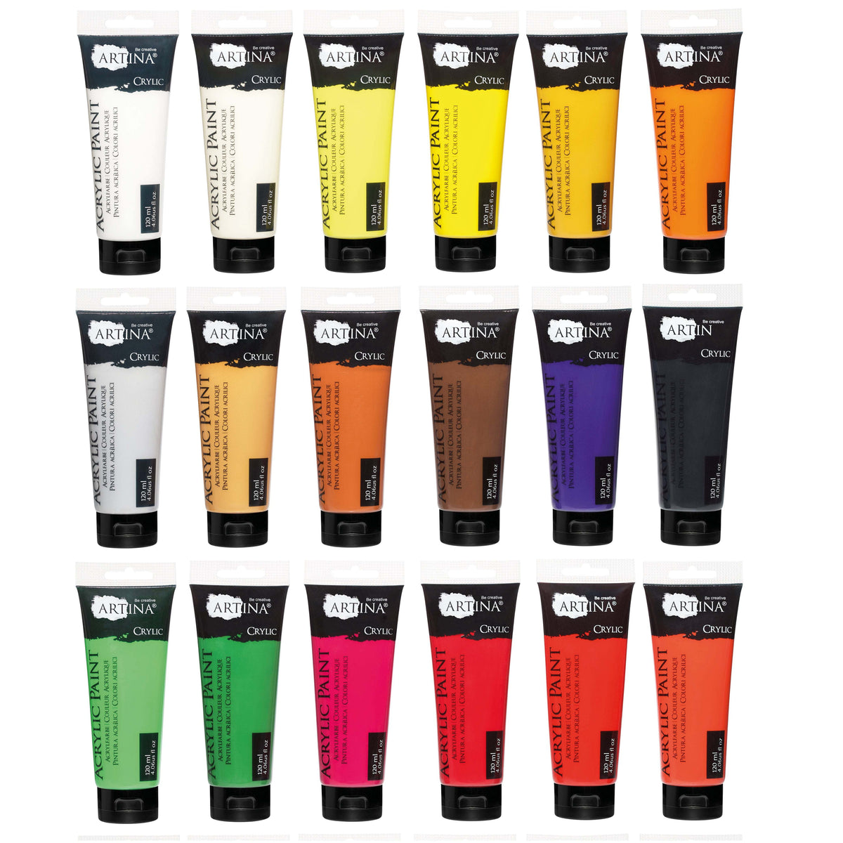 Artina Crylic Acrylfarben Set 24 x 120ml vibrant, fast-drying acrylic paints with high pigment and lightfastness