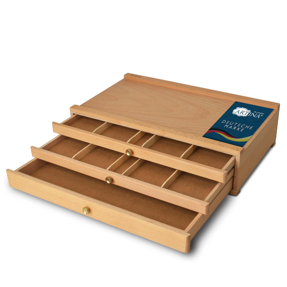 Holzkasten Troyes Holzkoffer aus massivem Buchenholz mit 3 Schubladen für Malutensilien