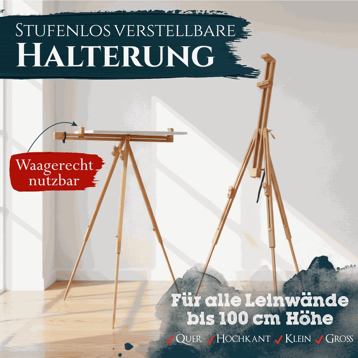Artina Feldstaffelei Porto klappbare Buchenholz-Staffelei mit 90° Neigungswinkel und leichtem, stabilem Design