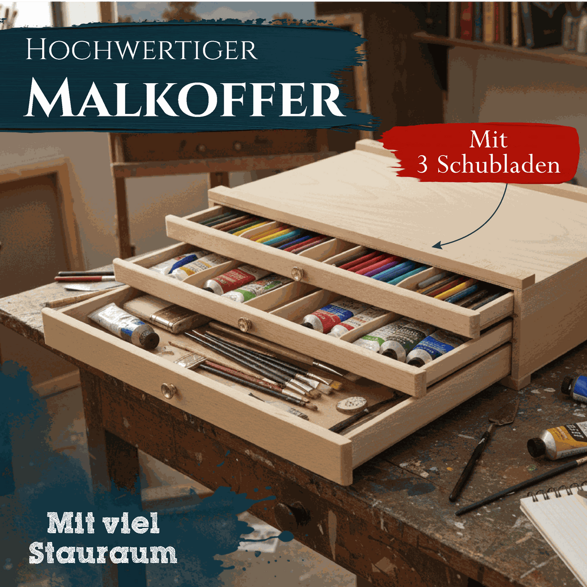 Artina Holzkasten Troyes Holzkoffer aus massivem Buchenholz mit 3 Schubladen zur Aufbewahrung von Malutensilien