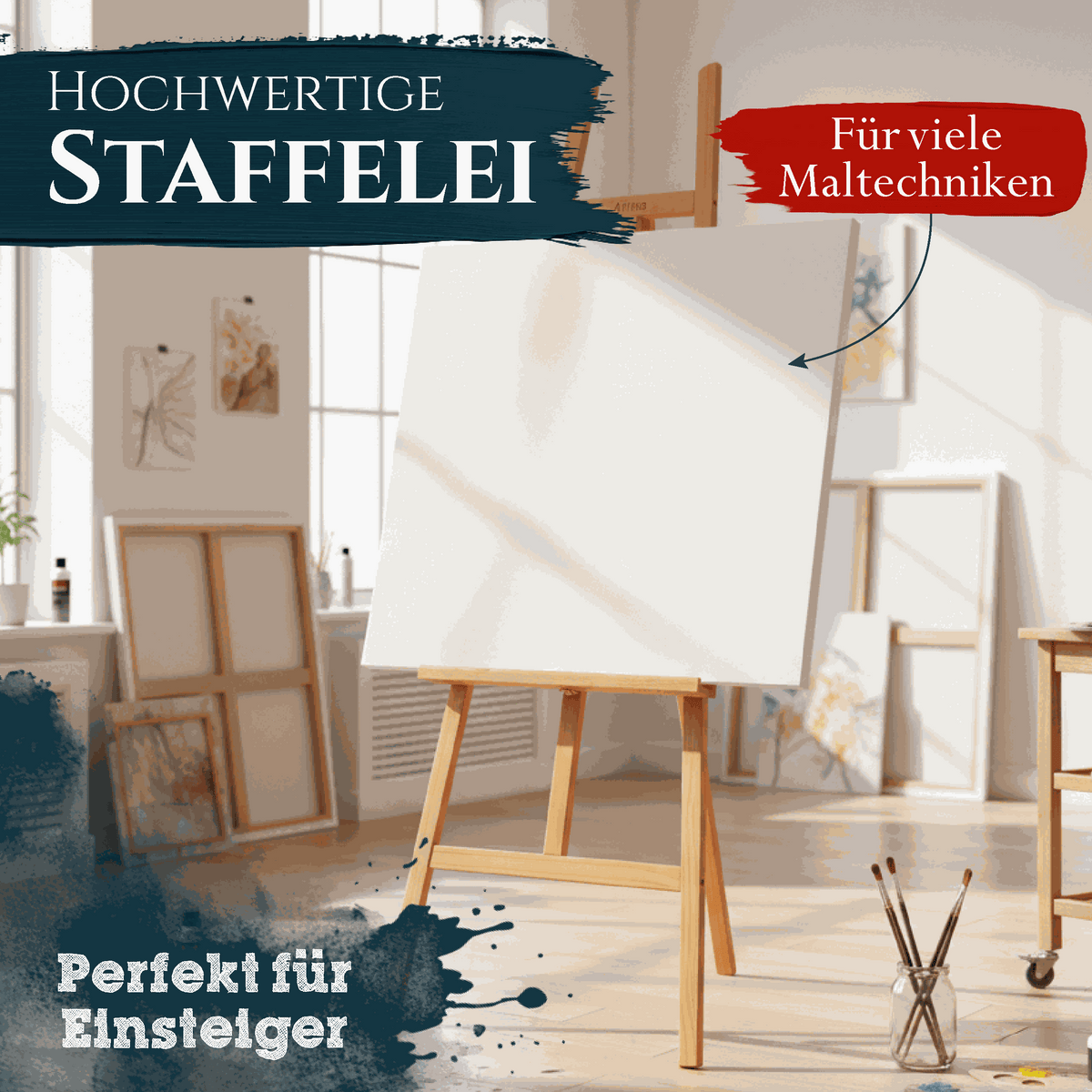 Akademiestaffelei Sevilla aus massivem geöltem Buchenholz, verstellbare Dreifuß-Staffelei für Hobbykünstler