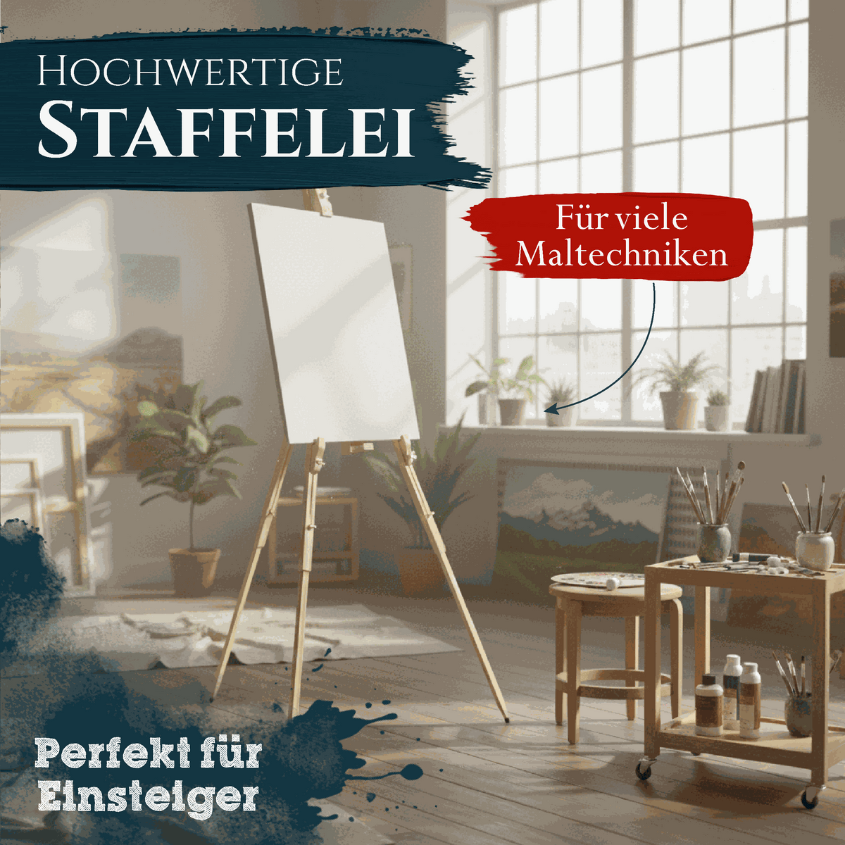 Höhenverstellbare Feldstaffelei Malaga aus massivem Kiefernholz für Leinwände bis 110cm, ideal für Outdoor-Malerei