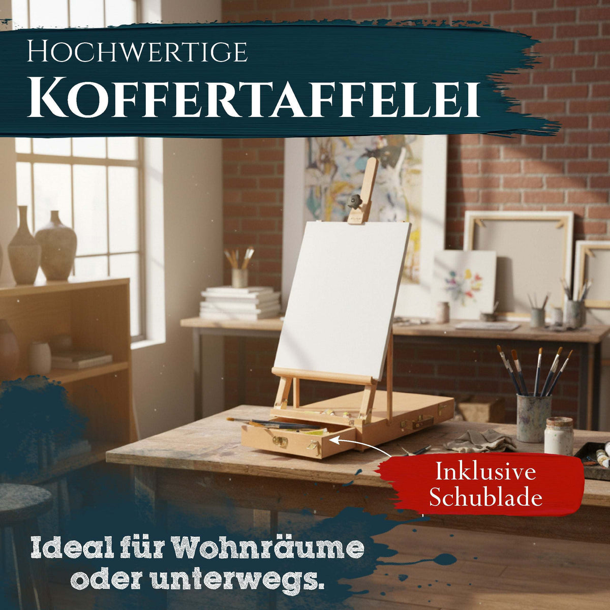 Kofferstaffelei aus massivem Buchen-Holz Le Mans Tischkoffer für Leinwände bis 56 cm