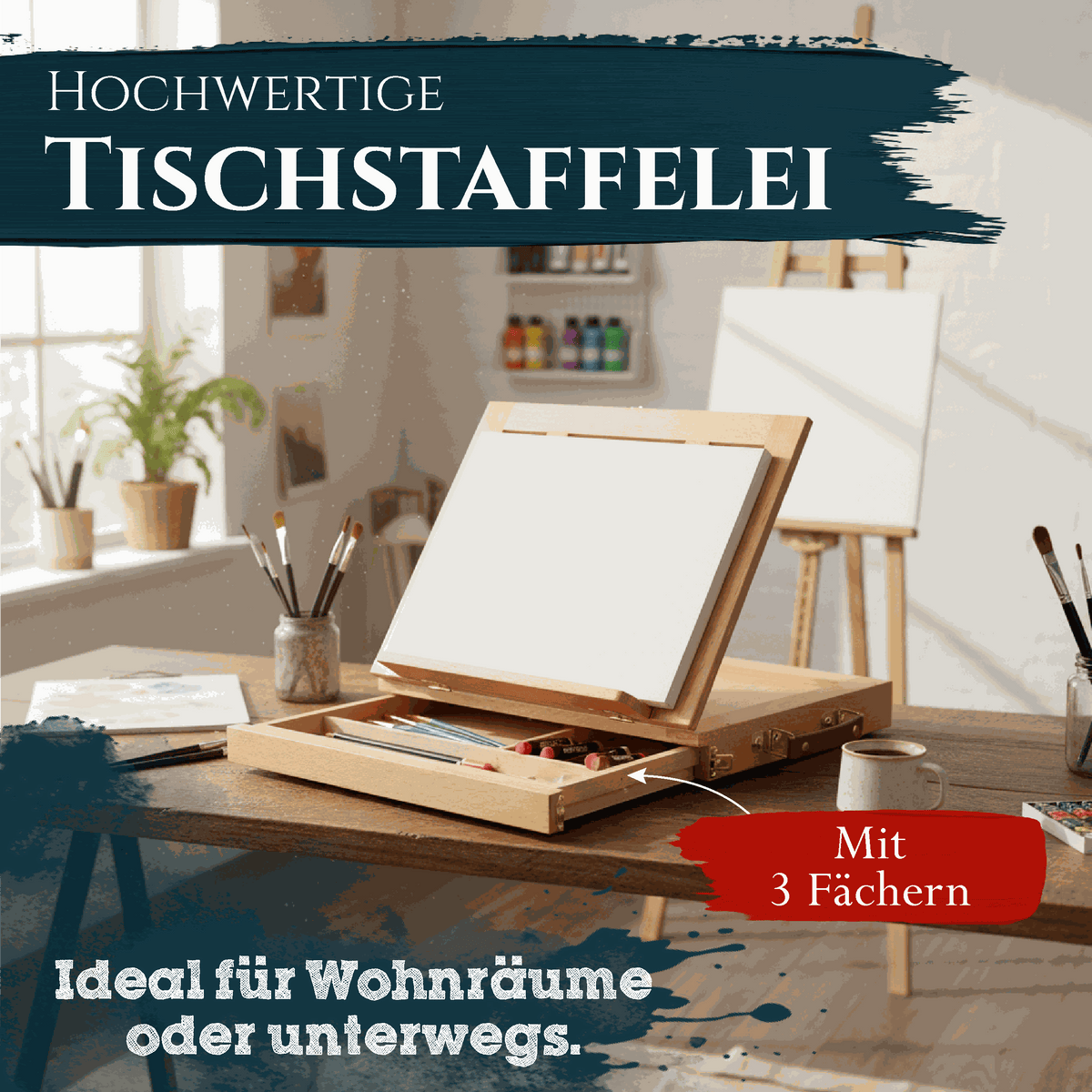 Artina Tischstaffelei Colmar aus massivem Buchenholz mit neigbarem Zeichenbrett und Aufbewahrungsfach