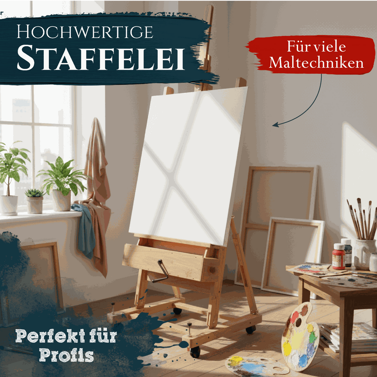 Rollbare Profi Atelierstaffelei aus massivem geöltem Buchenholz für bis zu 210 cm Leinwände