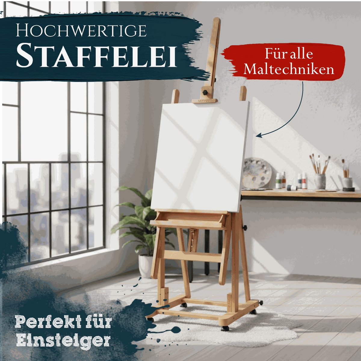 Artina Atelierstaffelei rollbare Buchenholz Staffelei Verona für Aquarellmalerei bis 210 cm Leinwandhöhe