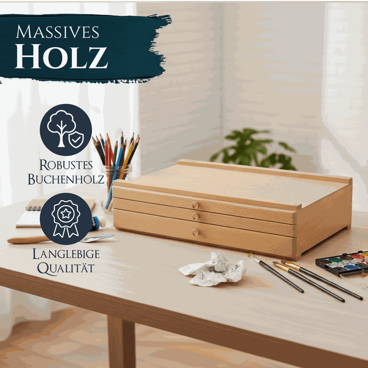 Artina Holzkasten Troyes Holzkoffer aus massivem Buchenholz mit 3 Schubladen für Malutensilien