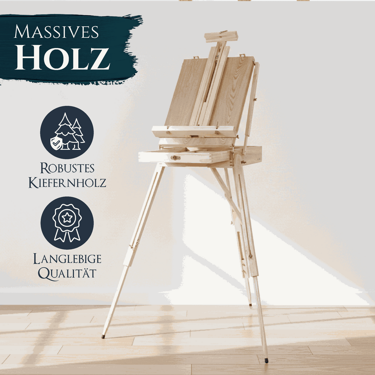 Artina Kofferstaffelei Madrid aus massivem Kiefernholz mit großer Holzpalette, transportabel und höhenverstellbar für Leinwände bis 86 cm
