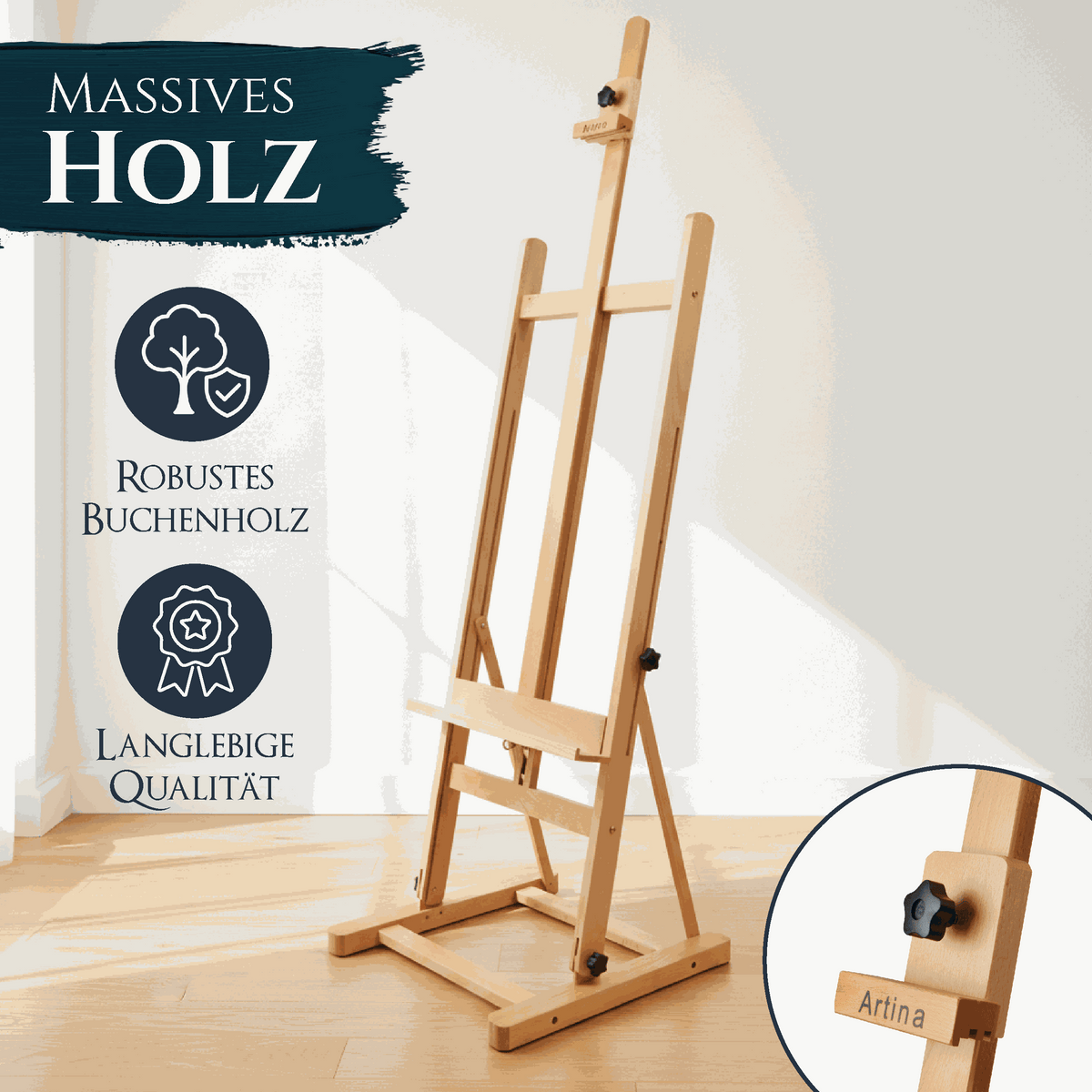 Große klappbare Studiostaffelei Siena aus massivem geöltem Buchenholz für Leinwände bis 125 cm