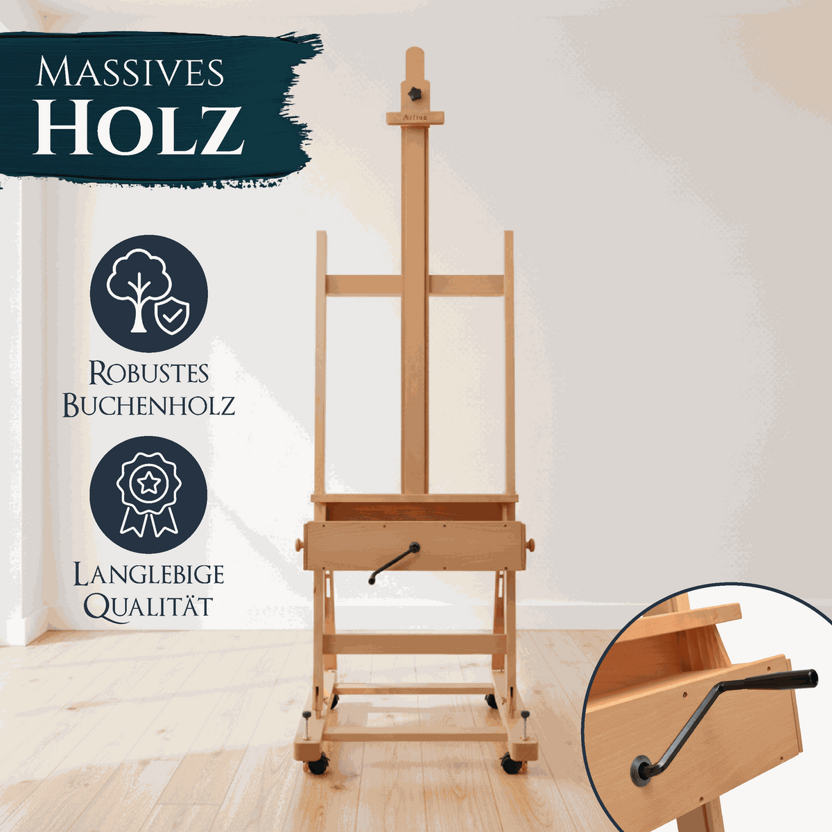 Profi Atelierstaffelei aus massivem geöltem Buchenholz Pisa mit Höhenverstellung und Rollfunktion