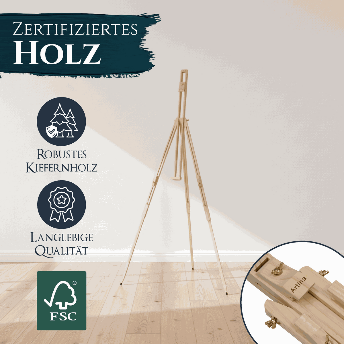 Höhenverstellbare Feldstaffelei Malaga aus massivem Kiefernholz für Leinwände bis 110cm ideal für Outdoor-Malerei