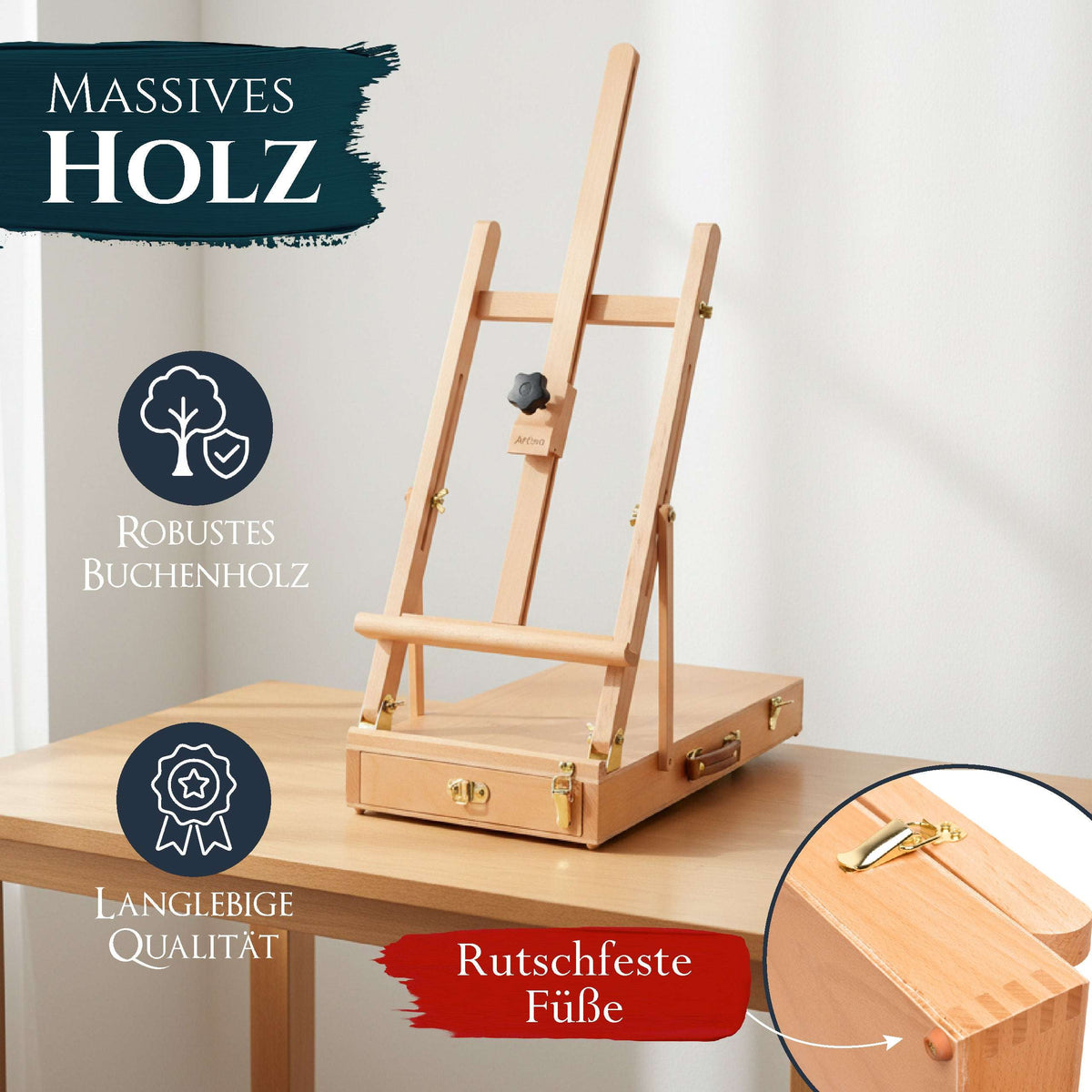Kofferstaffelei aus massivem Buchen-Holz Le Mans Tischkoffer Staffelei für Leinwände bis 56 cm
