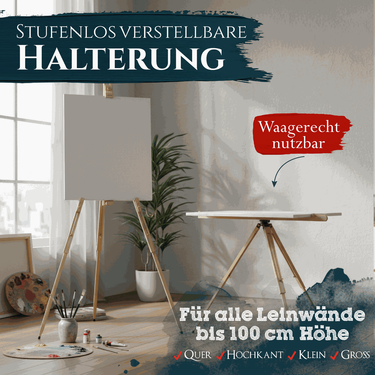 Feldstaffelei Malaga höhenverstellbar aus massivem Kiefernholz für Leinwände bis 110cm, leicht und mobil für Outdoor-Malerei