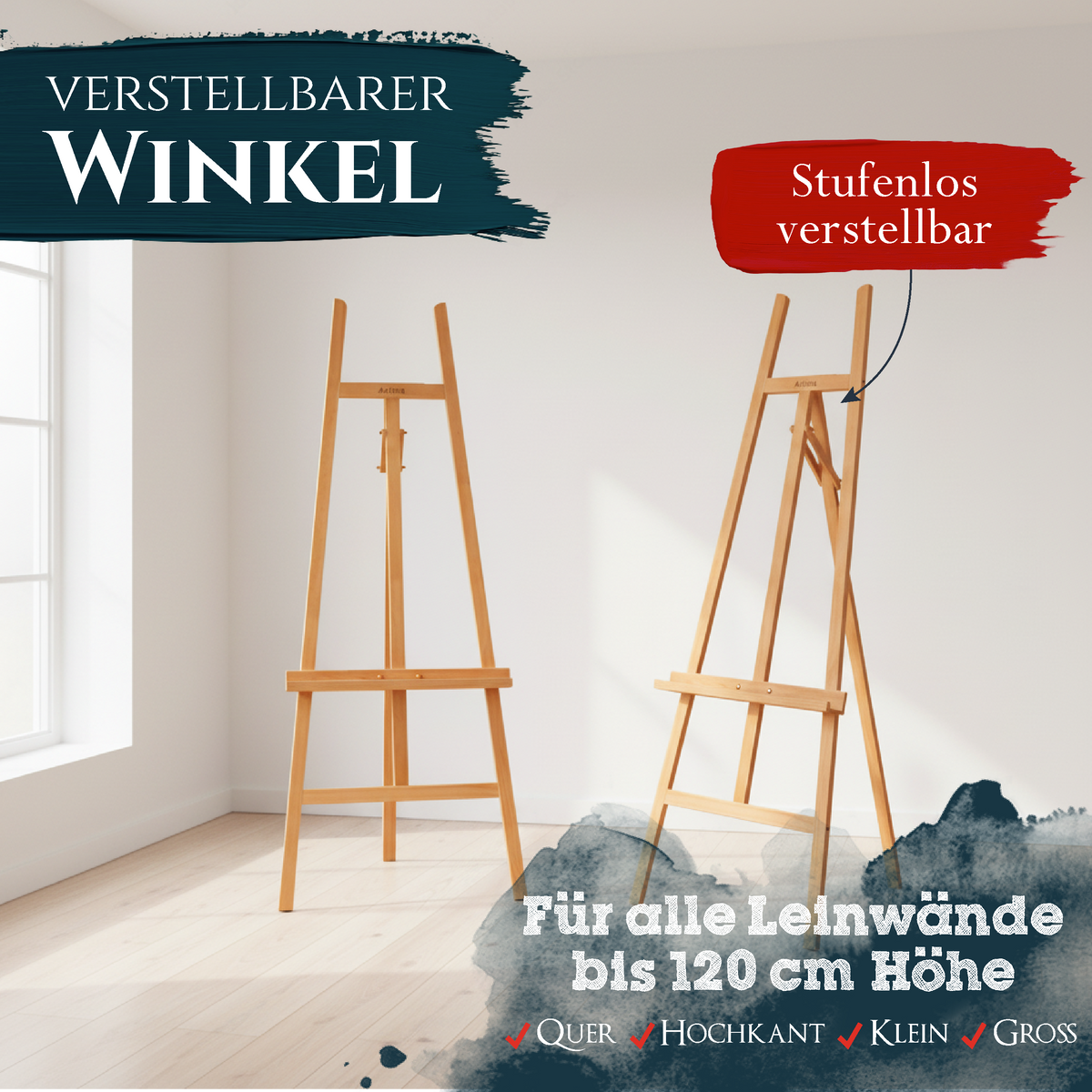 Akademiestaffelei Sevilla aus massivem geöltem Buchenholz, höhenverstellbar, dreifuß-Staffelei für Hobbykünstler