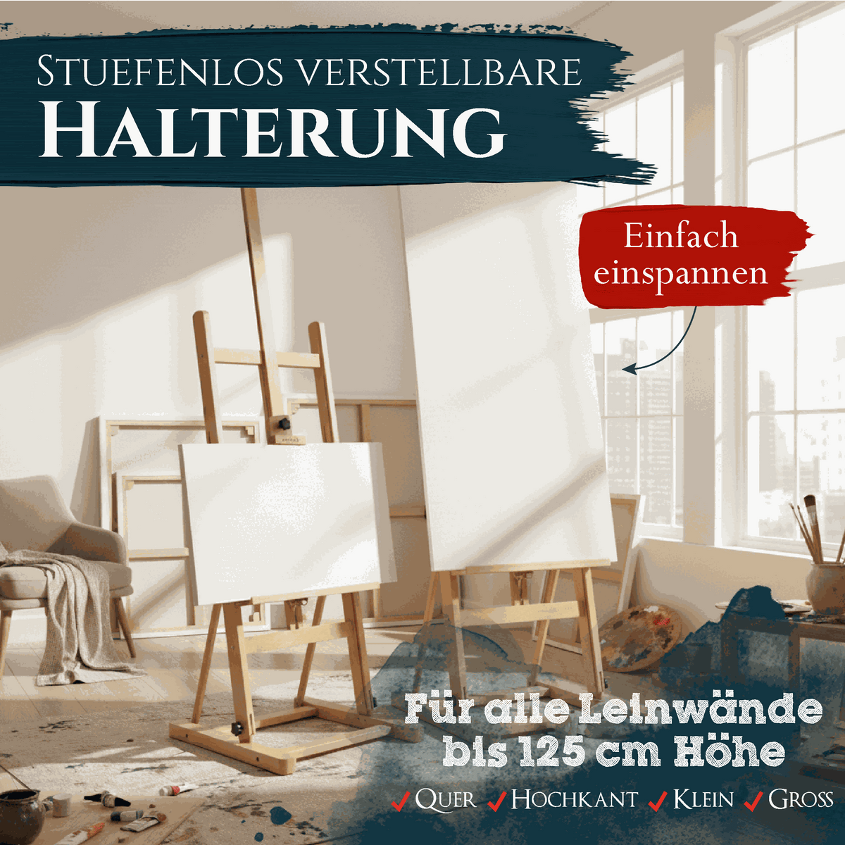 Studiostaffelei Siena klappbar aus massivem geöltem Buchenholz für Leinwände bis 125 cm, höhenverstellbar und stabil