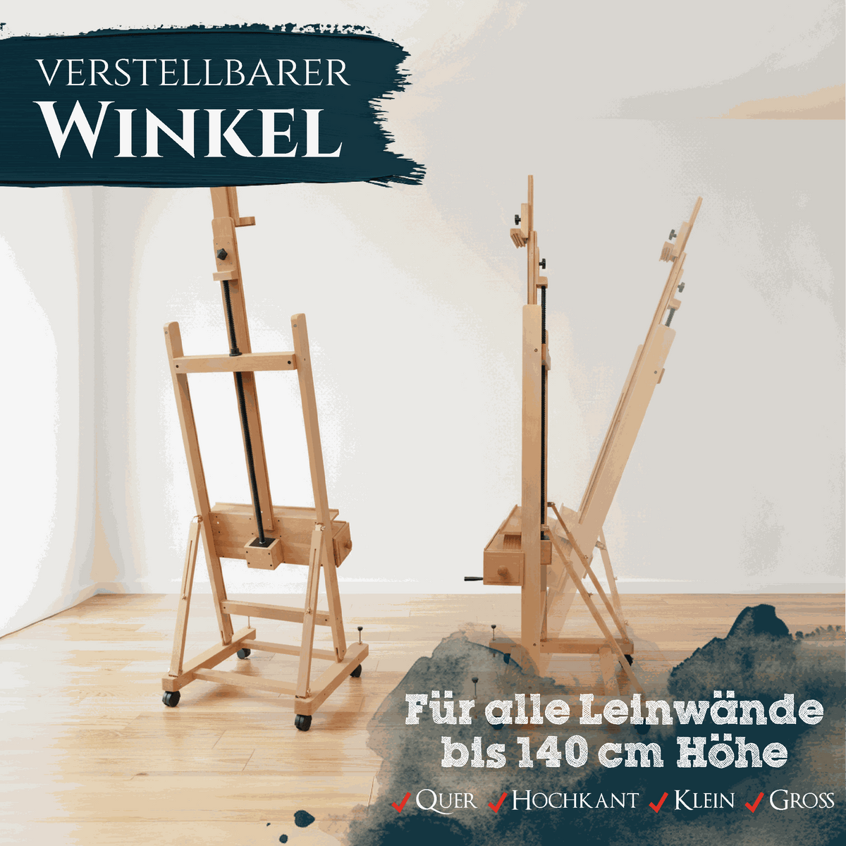Profi Atelierstaffelei aus massivem geöltem Buchenholz Pisa mit Höhenverstellung und Stauraum
