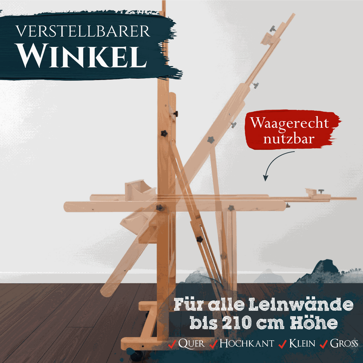 Artina Atelierstaffelei Verona rollbar aus massivem Buchenholz für Leinwände bis 210 cm
