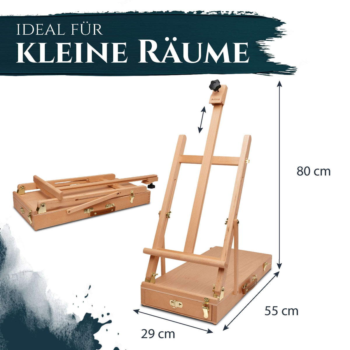 Kofferstaffelei aus massivem Buchen-Holz Le Mans Tischkoffer für Leinwände bis 56 cm