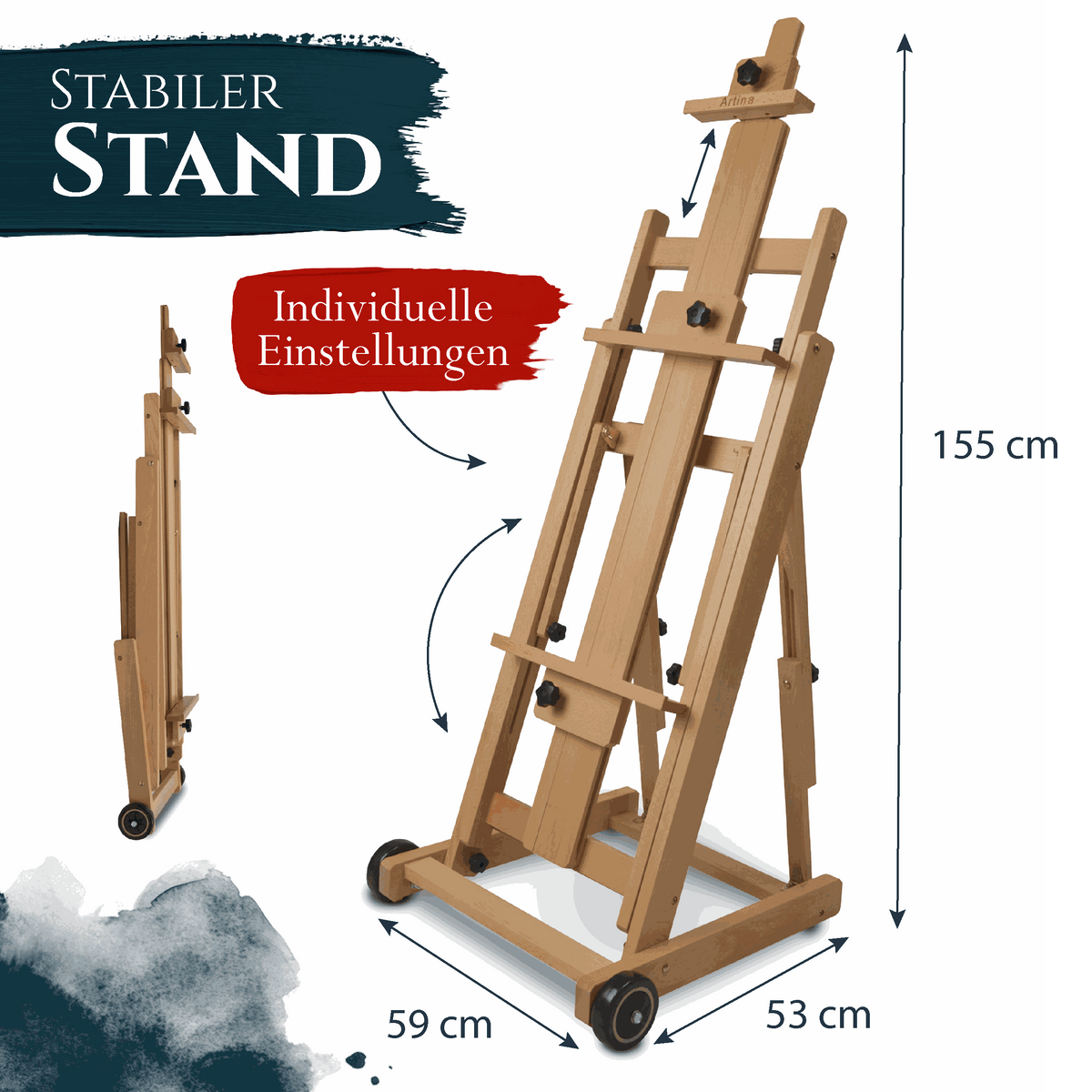 Artina Studiostaffelei aus massivem Buchenholz klappbar für große Leinwände bis 230 cm