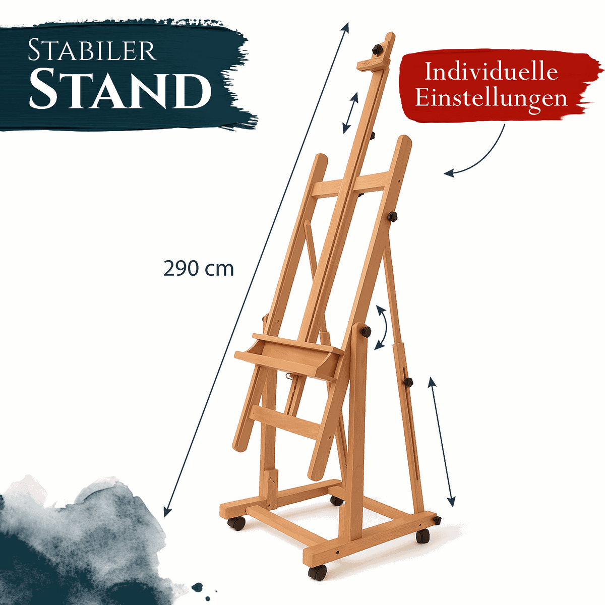 Artina Atelierstaffelei Verona aus massivem Buchenholz mit Rollen für Leinwände bis 210 cm, höhenverstellbar und ideal für Aquarellmalerei