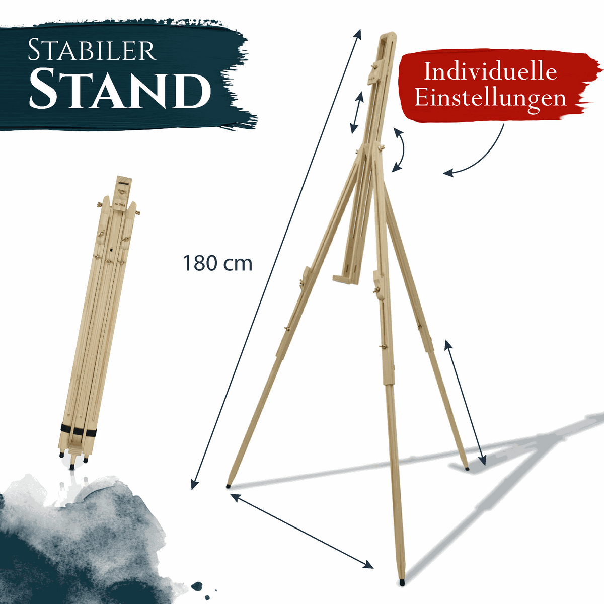 Höhenverstellbare Feldstaffelei Malaga aus massivem Kiefernholz für Leinwände bis 110cm, ideal für mobile Künstler und Outdoor-Malerei