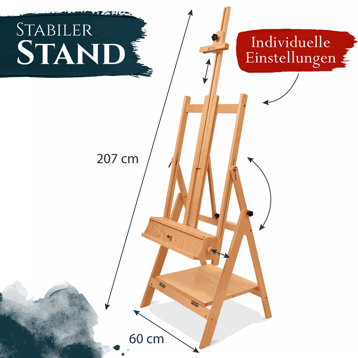 Artina Atelierstaffelei Napoli aus massivem Buchenholz für Leinwände bis 150 cm, höhenverstellbar mit integrierter Schublade