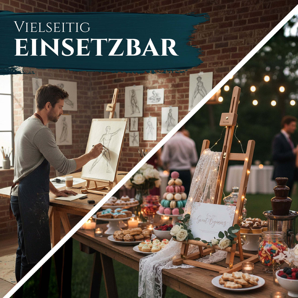 Artina Tischstaffelei Metz aus massivem Buchenholz für Leinwände bis 57 cm, handgefertigt, klappbar, höhenverstellbar und transportabel
