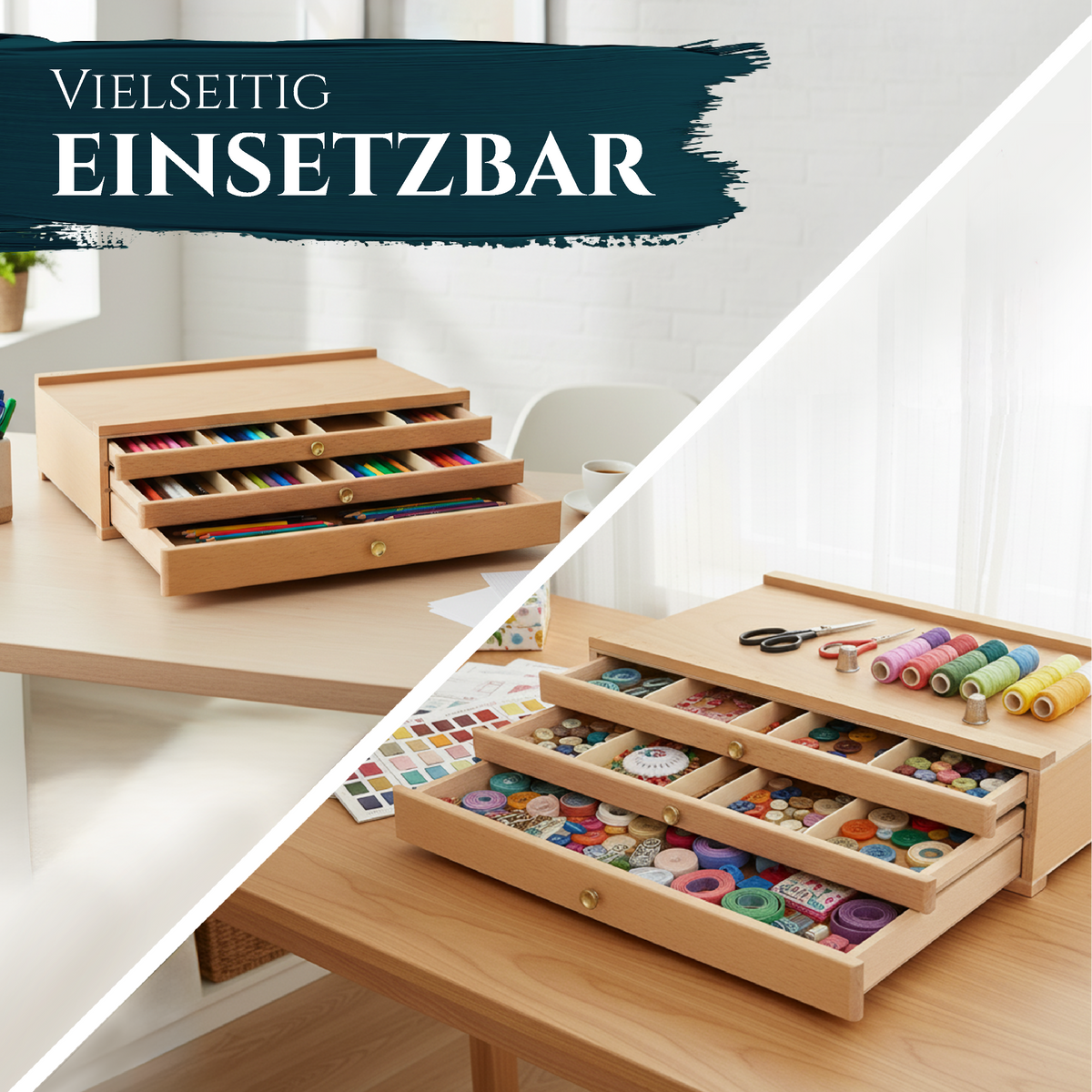 Artina Holzkasten Troyes Holzkoffer aus massivem Buchenholz mit 3 Schubladen zur Aufbewahrung von Malutensilien