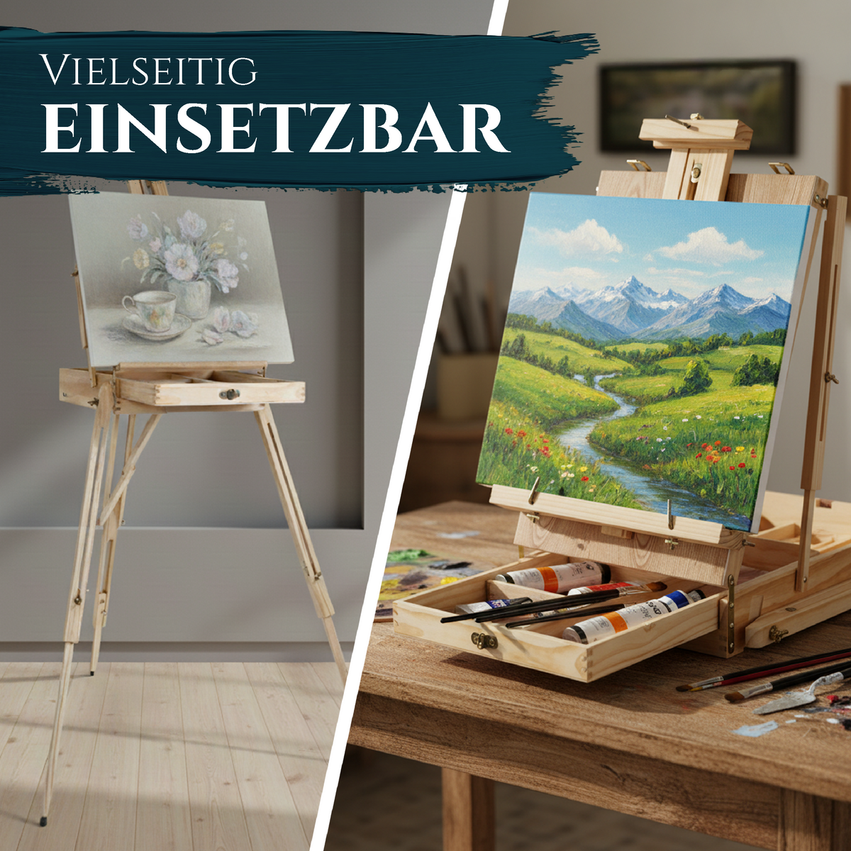 Artina Kofferstaffelei Madrid aus massivem Kiefernholz mit großer Holzpalette, höhenverstellbar für Leinwände bis 86 cm.