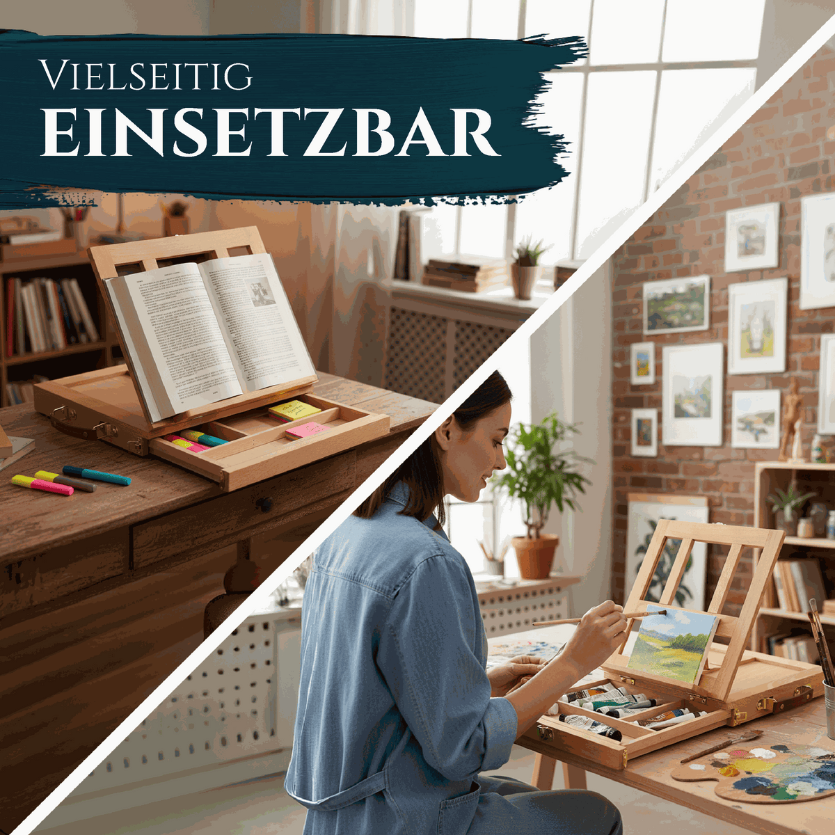 Artina Tischstaffelei Colmar aus Buchenholz mit verstellbarer Arbeitsfläche und Aufbewahrungsfach