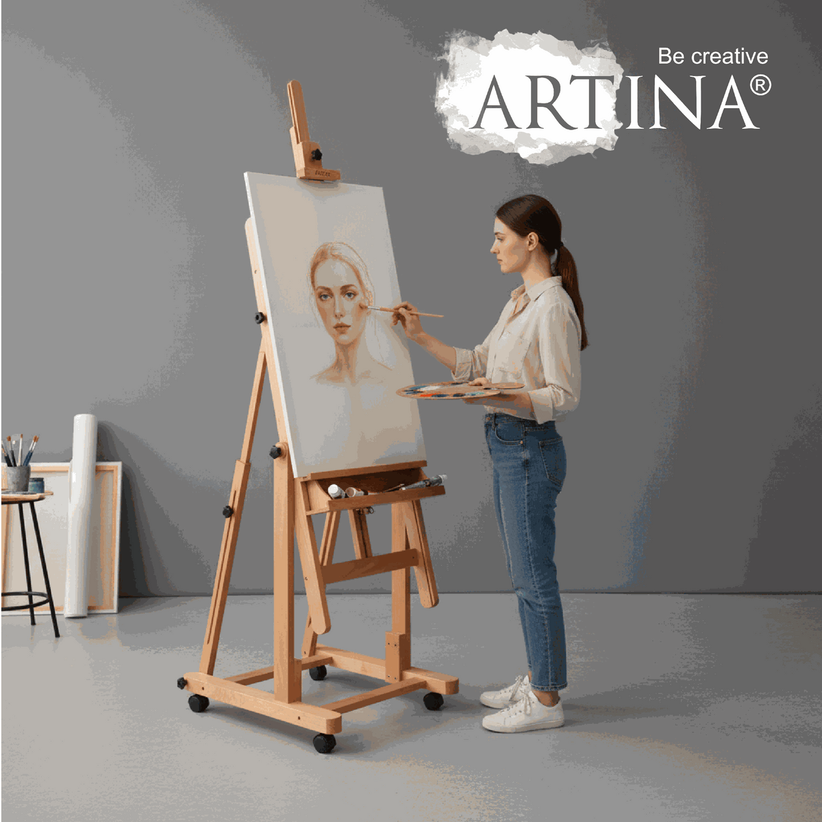 Artina Atelierstaffelei Verona aus massivem Buchenholz mit Höhenverstellung und Rollen für Aquarellmalerei