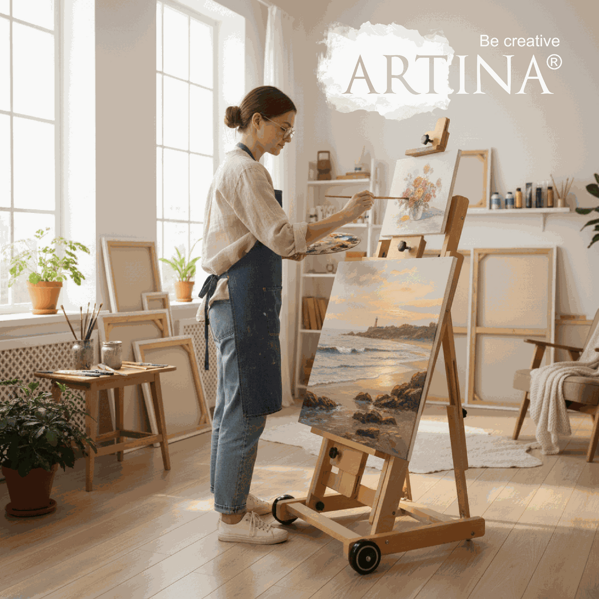 Artina Studiostaffelei Bordeaux aus massivem Buchenholz, klappbar, für große Leinwände bis 230 cm, höhenverstellbar mit Schraubfixierung, inklusive Rollen und Montagematerial