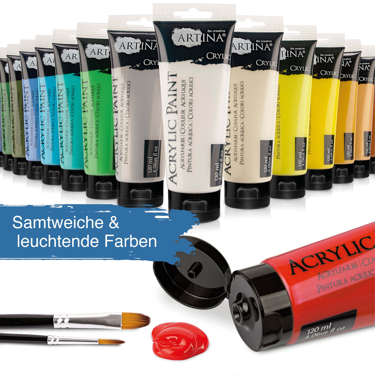 Artina Crylic Acrylfarben Set 24x120ml vibrant, fast-drying acrylic paint tubes with high pigmentation and lightfastness