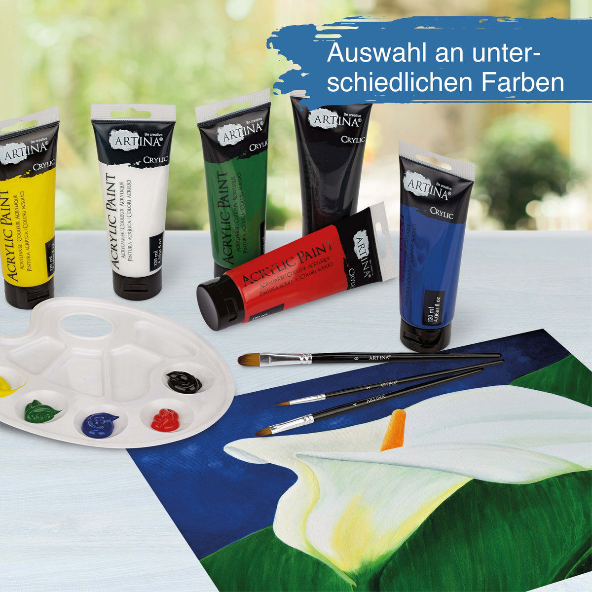 Artina Crylic Acrylfarben Set with 24 vibrant 120ml tubes, quick-drying, high pigment acrylic paints