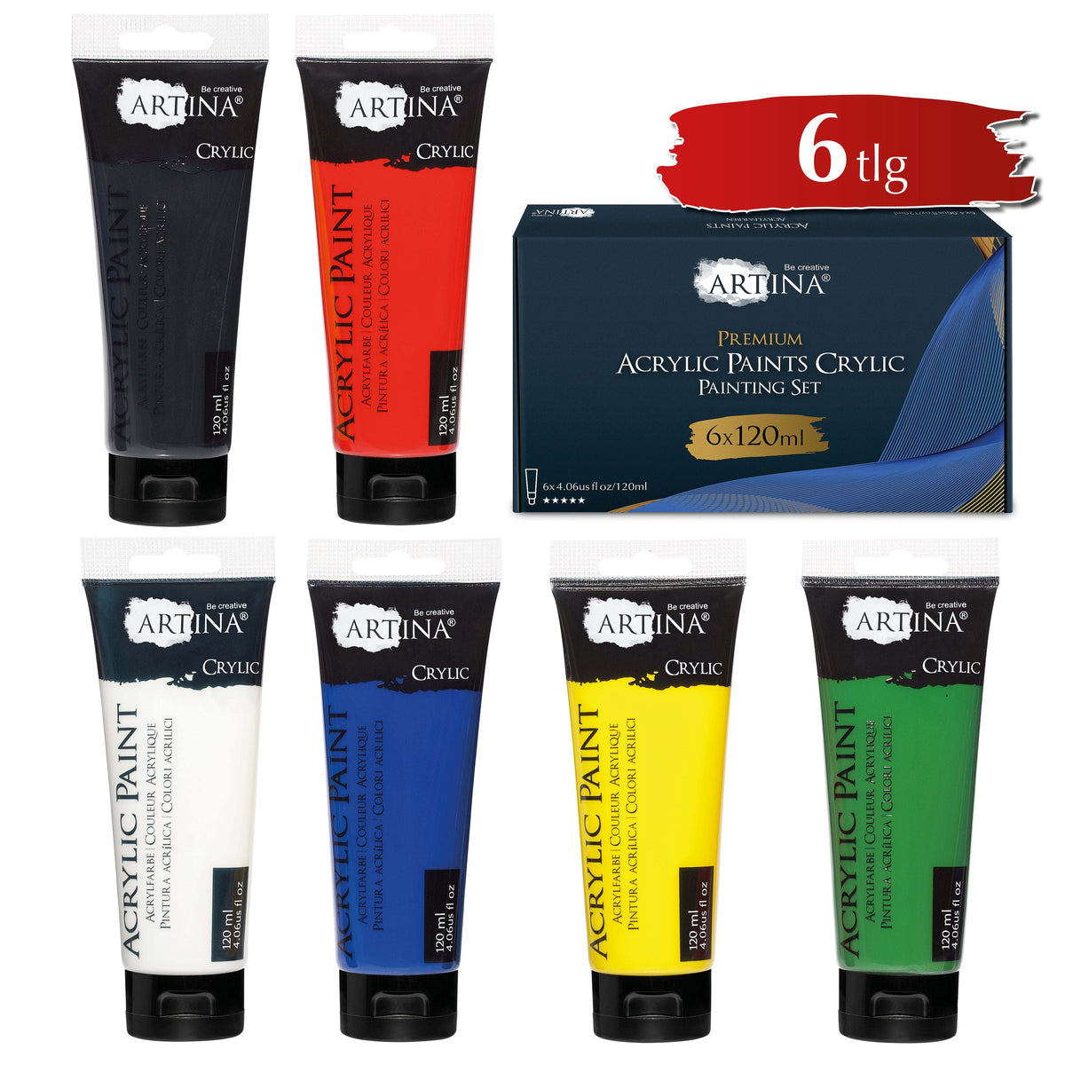 Artina Crylic Acrylfarbe Starter-Set 6x120ml Tuben schnell trocknend und lichtbeständig