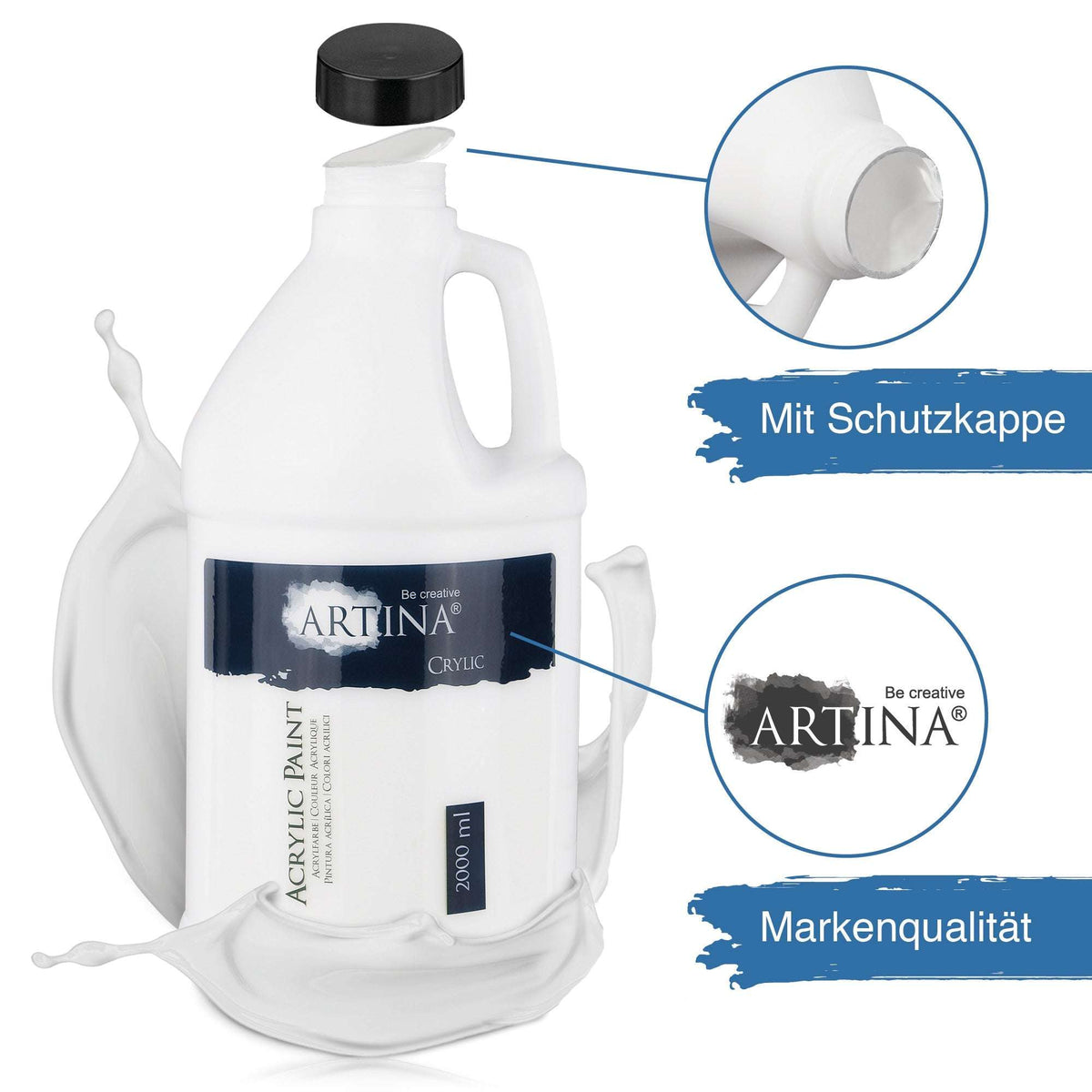 Artina Crylic Acrylfarbe 2000ml Titanweiß schnell trocknend mit hoher Deckkraft und Lichtechtheit