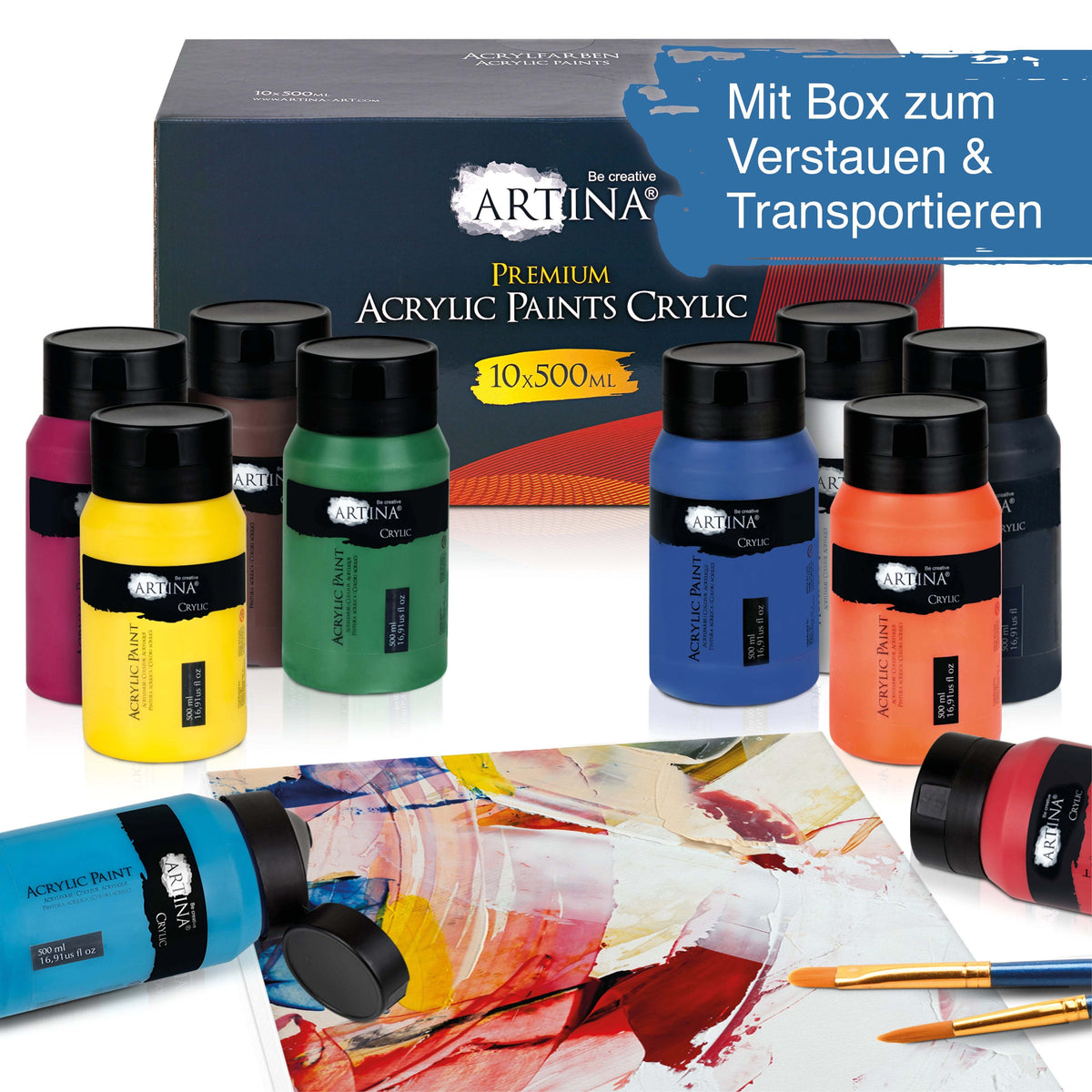 Artina Crylic Acrylfarbe Tuben Set 10x500ml mit schnell trocknenden, hochpigmentierten Farben in verschiedenen Farbtönen
