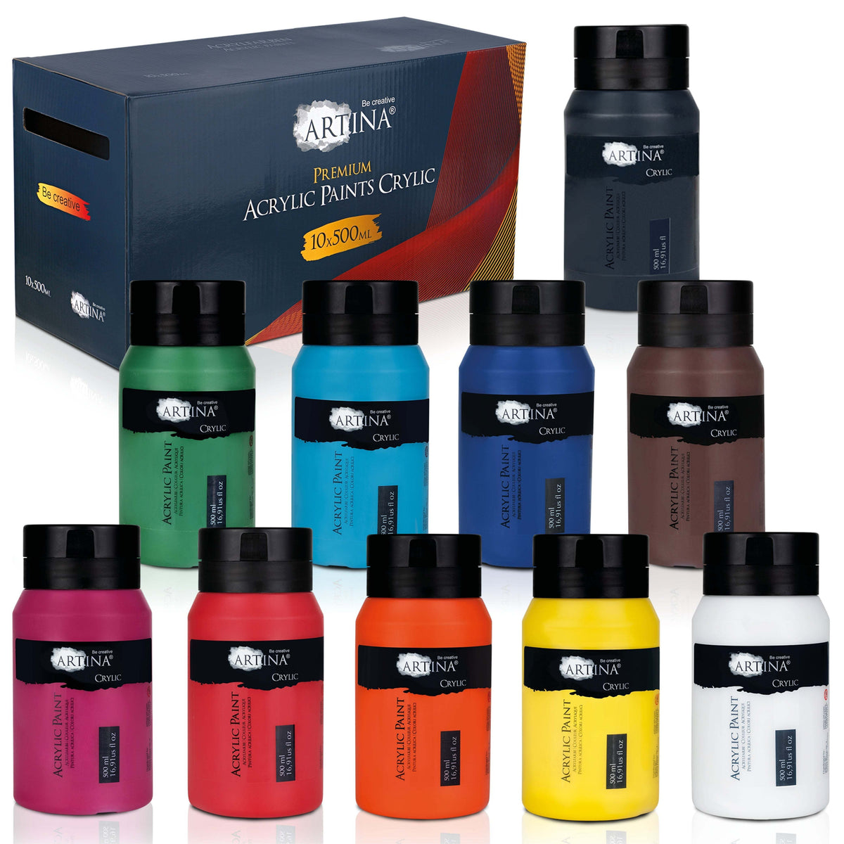 Artina Crylic Acrylfarbe 10x500ml Tubes vibrant fast-drying acrylic paint set