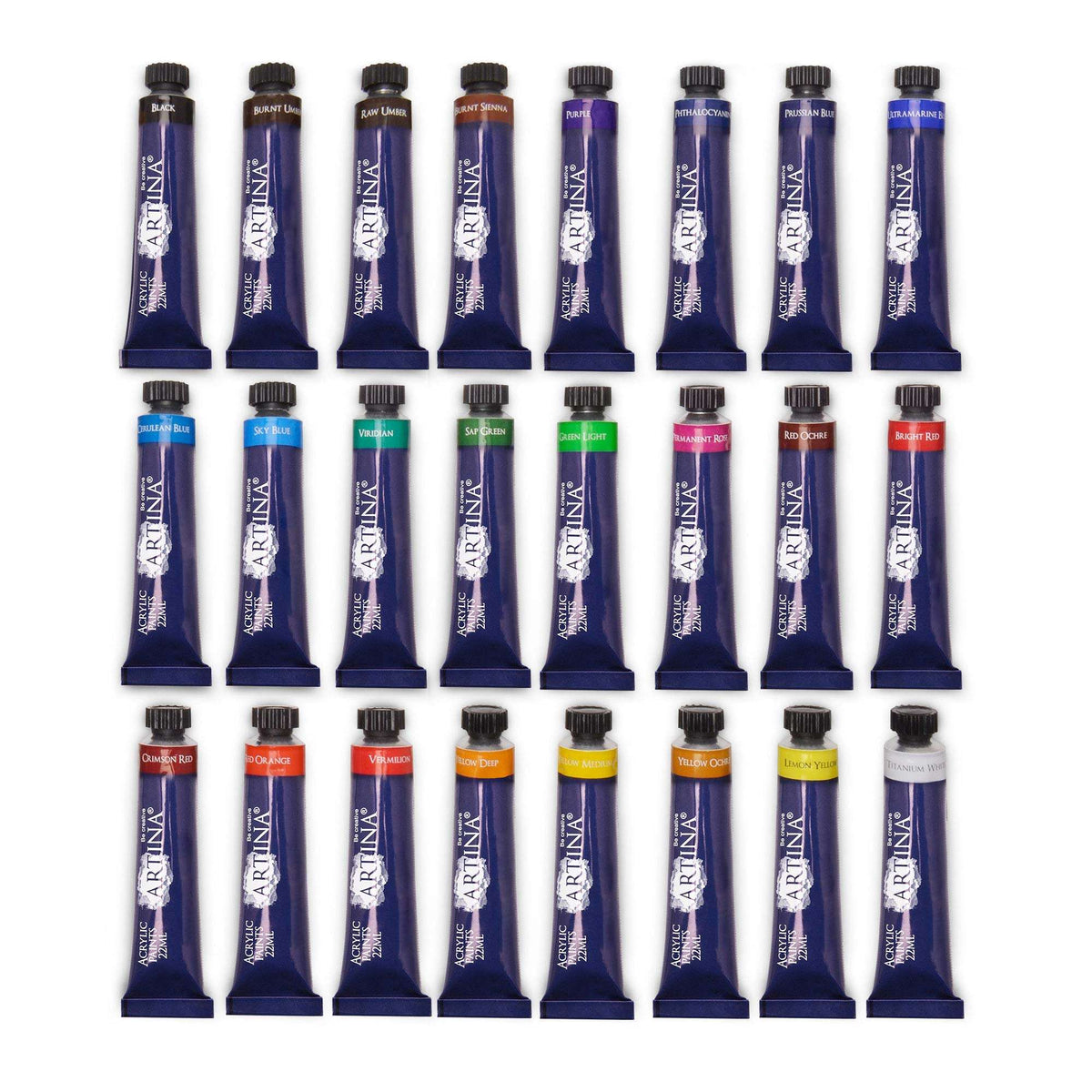 Artina Acrylfarben Set 24 x 22ml Tubes with vibrant, high-pigment, quick-drying acrylic paints for artists